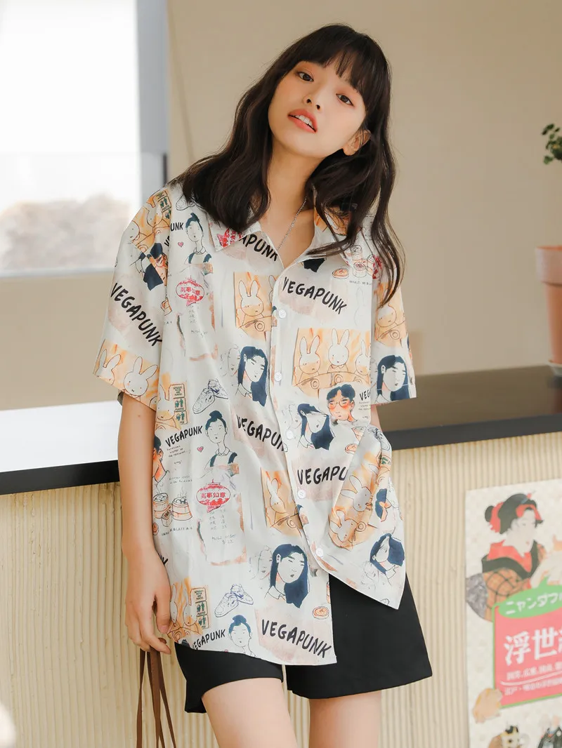 

2021 New Women Summer Shirt Comic Character Printing Japanese and Korean Style Short Sleeve Button Casual Plus Size Female Shirt