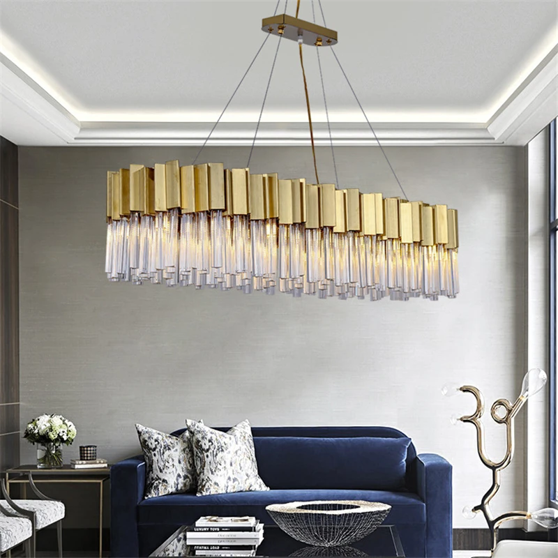 

Modern crystal chandelier for dining room luxury kitchen island lighting fixture rectangle brushed gold hanging cristal lamps