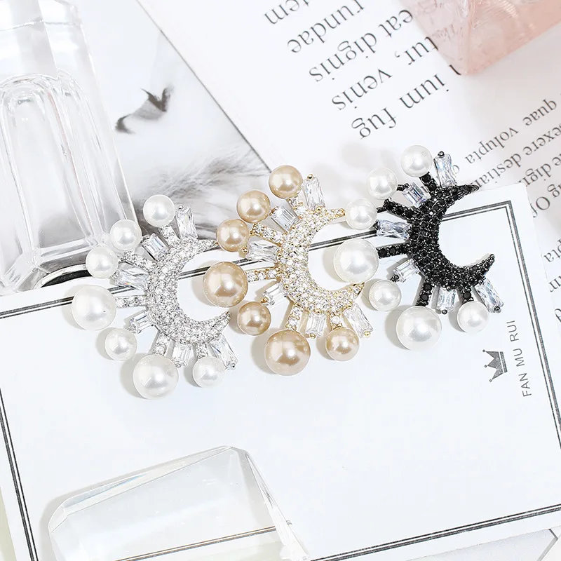 

Bilincolor White Pearl Cubic Zirconia Black Moon Stud Earrings for Women