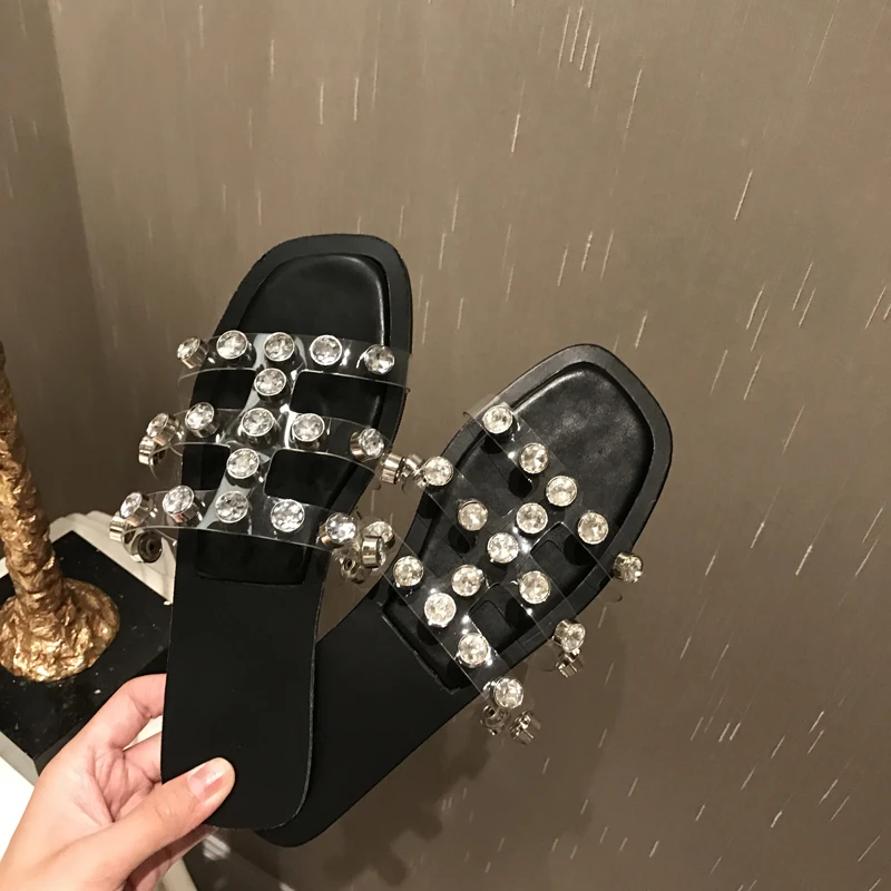 

Hot Sales Women Slippers Rhinestone Slides Mules Shoes Hollow Flats Heeled Beach Shoes Comfortable Slippers Crystal Outdoor Mule