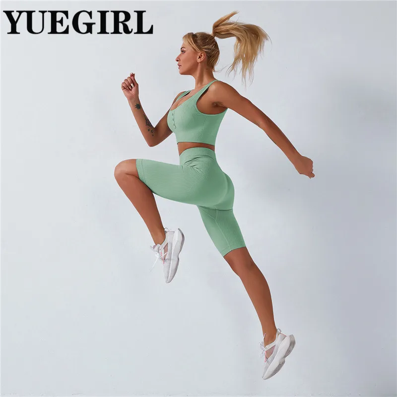 Вязаный бесшовный комплект для спортзала женская одежда фитнеса штаны топ