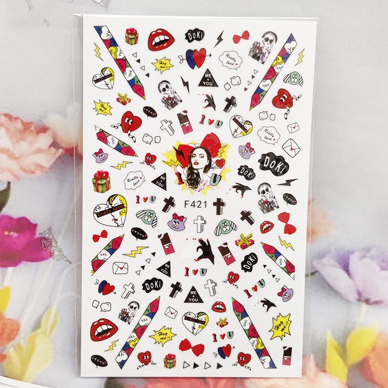 

3D Stickers for Nails Girl Cross Love Lip Geometry Nail Foil Sliders Fashion Manicure Sticker Cute Cartoons Nail Art Decoration