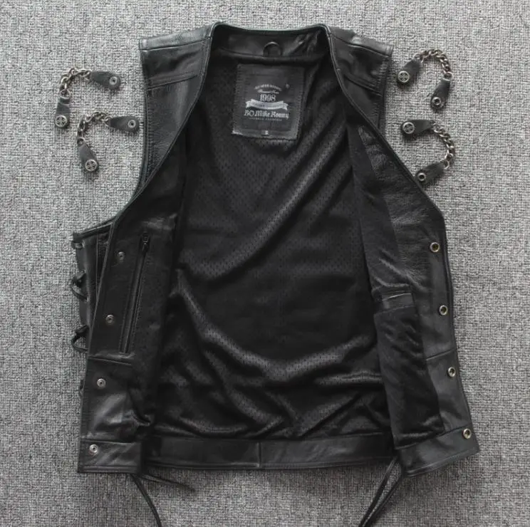 Мужские жилеты из натуральной кожи Байкерский жилет с металлической цепочкой