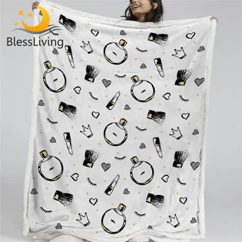 BlessLiving Cosmetics Perfume Sherpa Blanket Fashion Girls Throw Blanket Lipstick Hearts Print Blanket For Bed Bedding 150x200cm 1