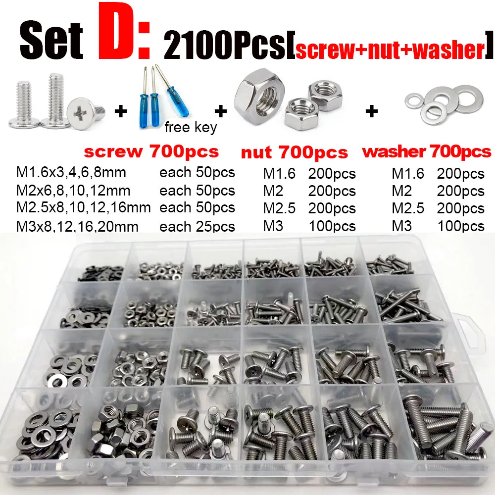 

400/2100x M1.6 M2 M2.5 M3 M4 M5 304 Stainless Steel Cross Phillips Flat Ultra Thin Head Screw Bolt Nut Washer Assortment Set Kit