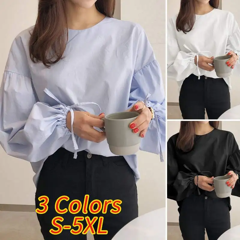 

2021 VONDA Plus Size Women Blouse Casual O Neck Long Lantern Sleeve Solid Tops Loose OL Office Blouses And Tops Bohemian Blusas