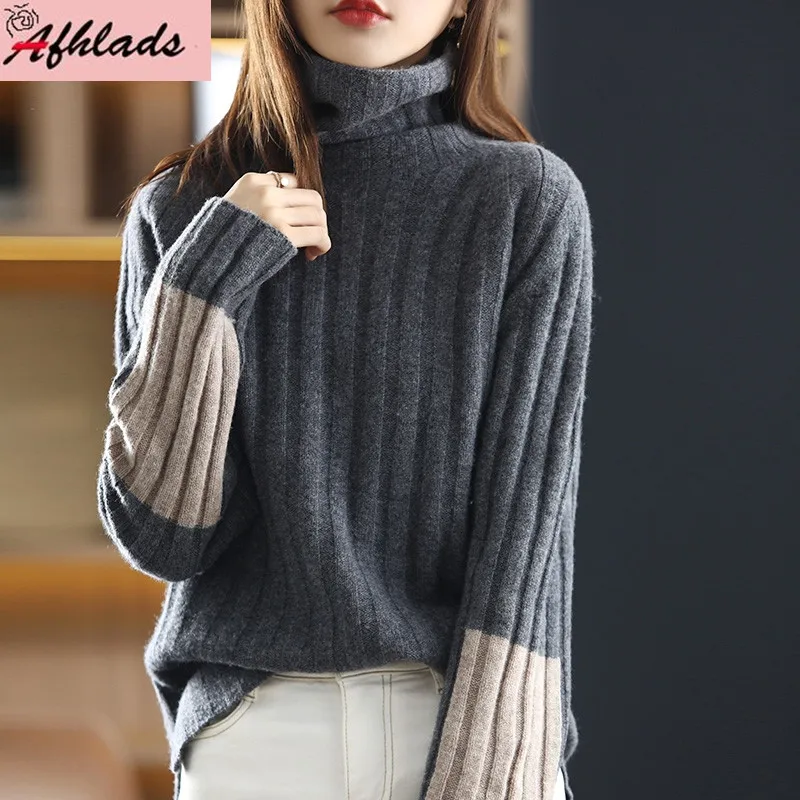 

New Autumn And Winter Patchwork Long Sleeve Sweater Tops Turtleneck Thick Casual Fashion Pullover Knitted Women's Wear