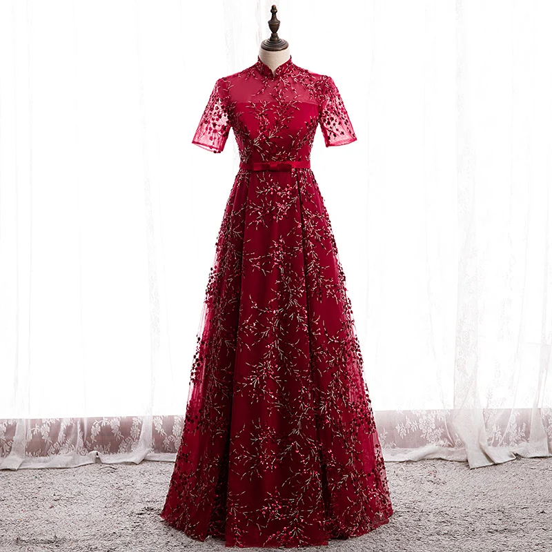 Bespoke Occasion Dress Illusion High Short Lace Tulle Embroidery Beading Luxury Burgundy Elegant Women Formal Evening Gown HB228