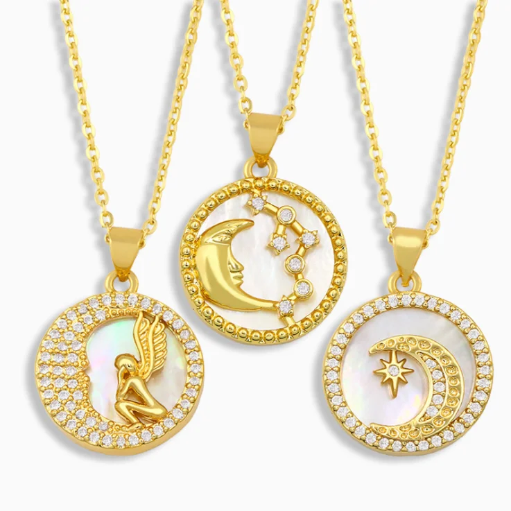 

Mujer Unique Moon Shell Necklaces For Women Girls Angel Chain Necklace Gold Color Collier Femme Couple Gift Pendant Jewelry CZ