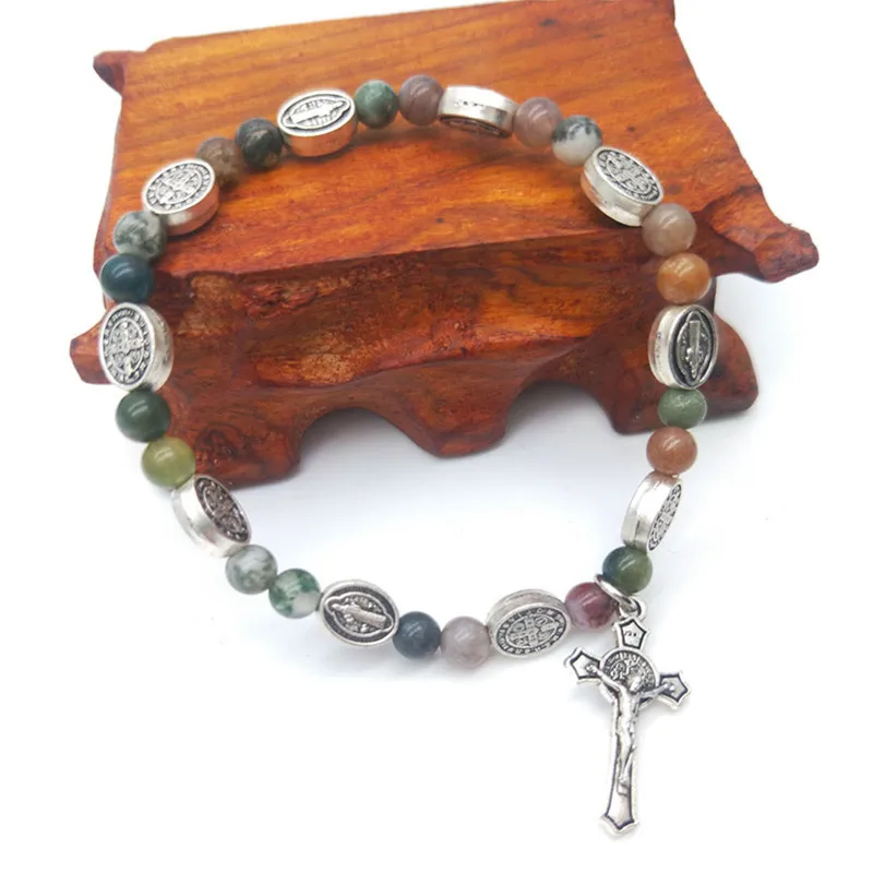 

Vintage Catholicism Handmade Colorful Natural Stone Agate Women Religious Gift Jewelry Accessories Rosary Beaded Cross Bracelets