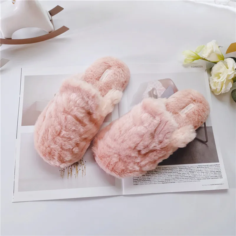 

Winter Warm Simple Faux Fur Plush Soft Warm Home Cotton Slippers Plush Comfortable Indoor Non-slip Home Shoes Pink Grey
