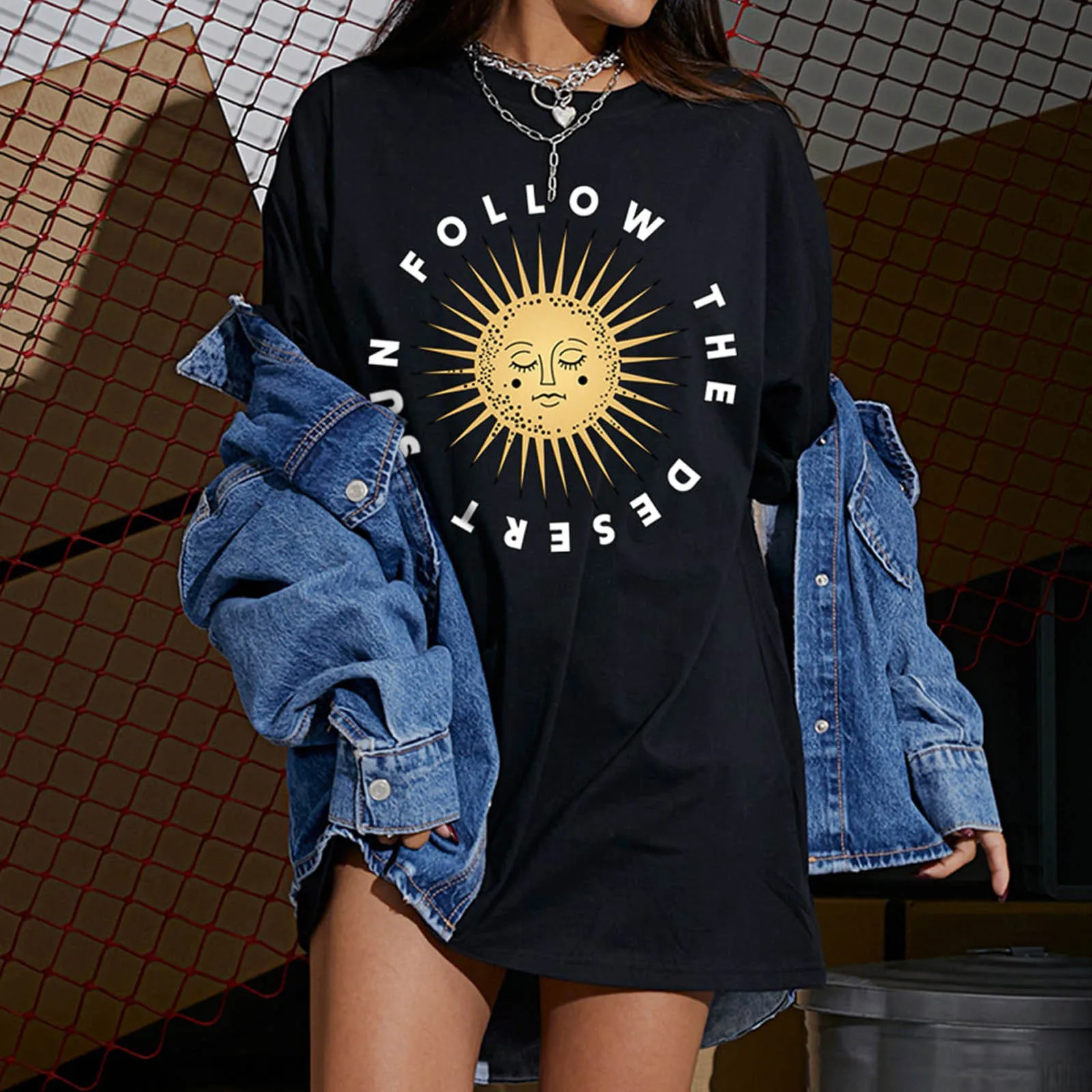 

Oversize Harajuku Adult Sun Moon Pattern Printed Y2k T-shirt Short Sleeve Casual Loose Streetwear T Shirt Top Summer Female Tops