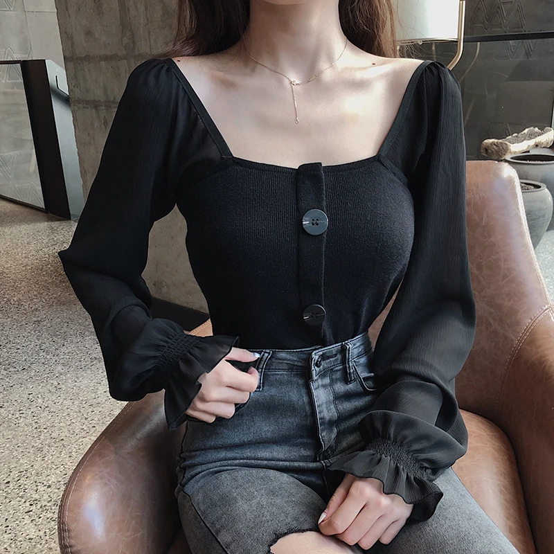 Women Slim Patchwork Chiffon Full Lantern Sleeve Square Collar Cropped T-Shirts Lady Knitted Stretchy Crop Tops Tshirt For Girls