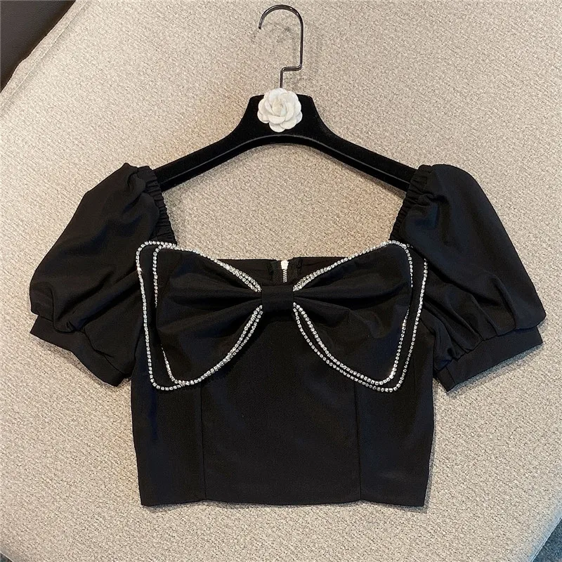 

Sexy Elegant New Square Collar Puff Sleeve Solid Color Diamond Short T-Shirt Big Bow Stitching Slimming Waist Crop Tee for Women