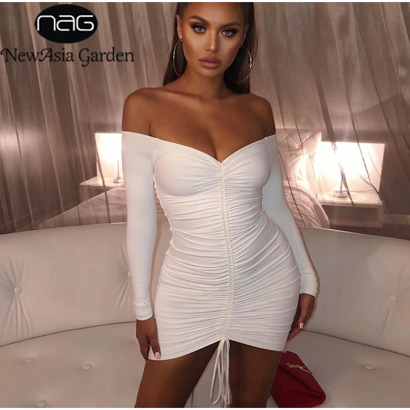 Невозьму 2 слоя осеннее платье Для женщин с открытыми плечами Drawstring Ruched Bodycon платье женские вечерние Клубные пикантные зимнее платье