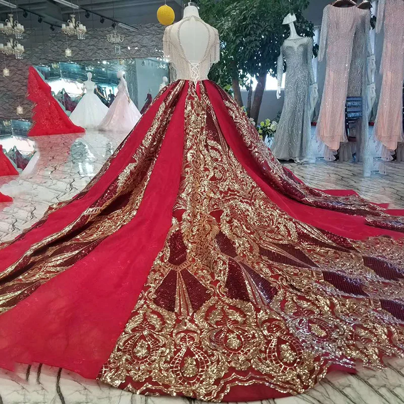 LS11100 Роскошные красные и золотые женские платья с круглым вырезом блестящие