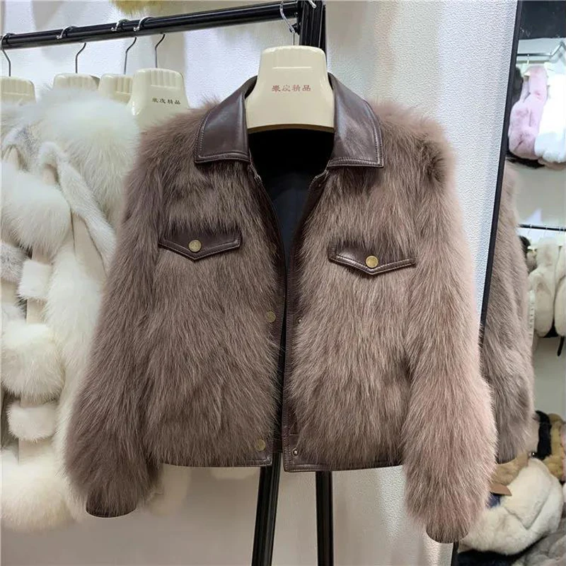 2021 Women Short Faux Fox Fur Jacket Autumn Winter New Lapel Fashion Parker Female Fur Coat Loose Elegant Buttons OverCoat