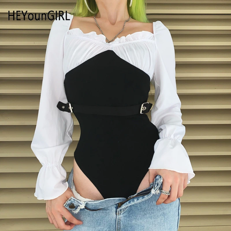 HEYounGIRL лоскутное черно-белое боди с расклешенными длинными рукавами винтажные комбинезоны обтягивающие повседневные Элегантные женские осенние зимние