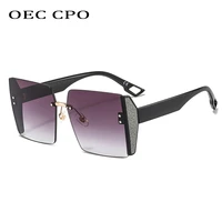 oec cpo oversized rimless sunglasses women fashion crystal decorate sunglasses ladies frameless gradient shades glasses uv400