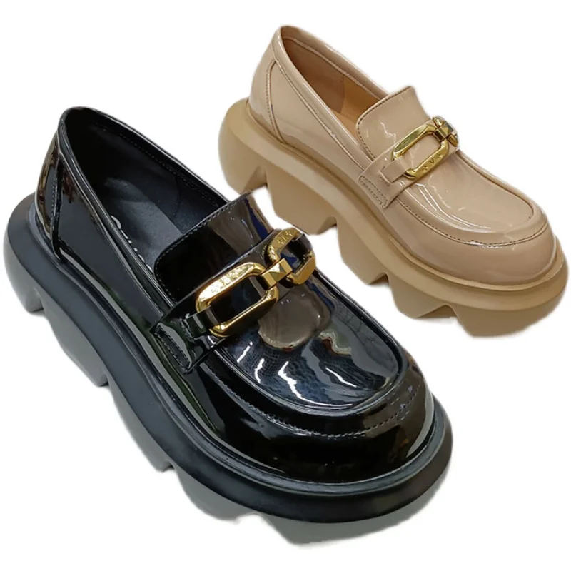 

2021 glossy patent leather round toe metal buckle single shoes casual shoes small leather shoes women's shoes platform shoes