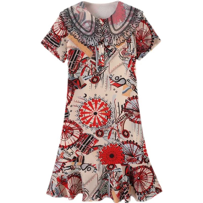 

COIGARSAM 3XL Plus Size Floral Print Women dress New Summer Loose Peter pan Collar Dresses Design And Color 5311