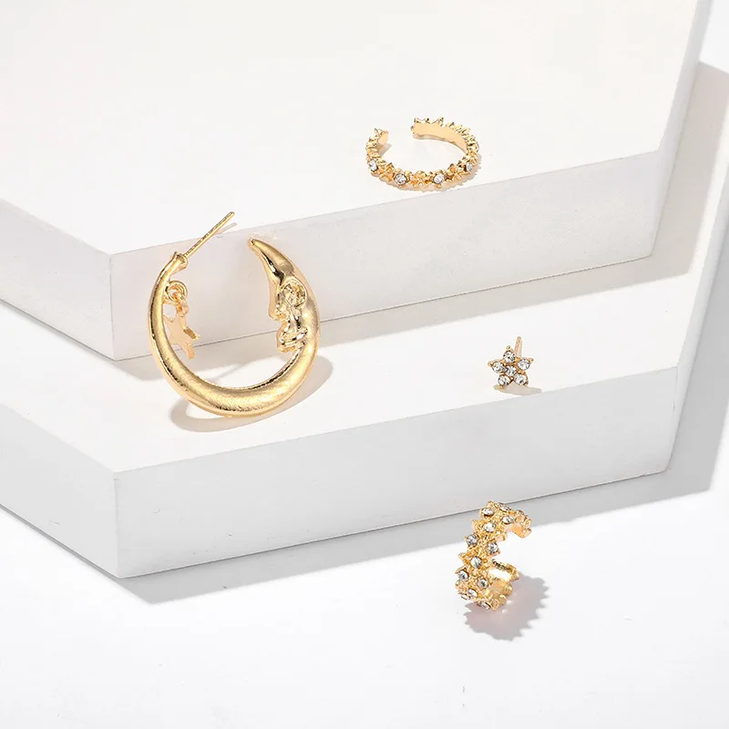 

4 Pcs Personality Punk Style Flower Moon Star Stud Earrings