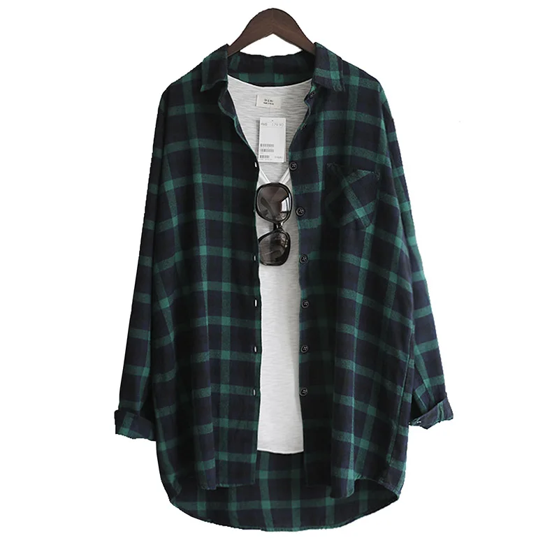 

Women Blouse Shirt Loose Casual Plaid Shirts Long Sleeve Large Size Tops Womens Blouses Red Green 2021