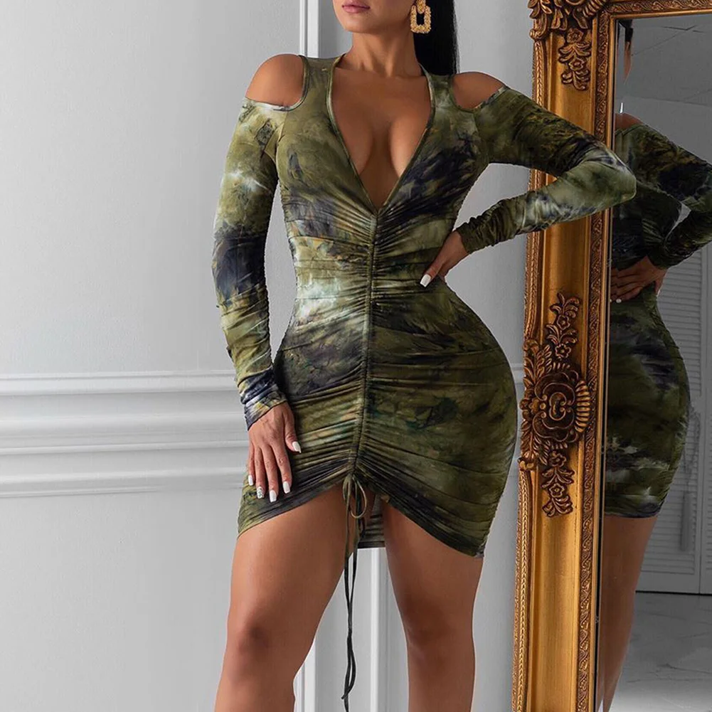 Bikitique с принтом глубоким v образным вырезом длинным рукавом плиссированное