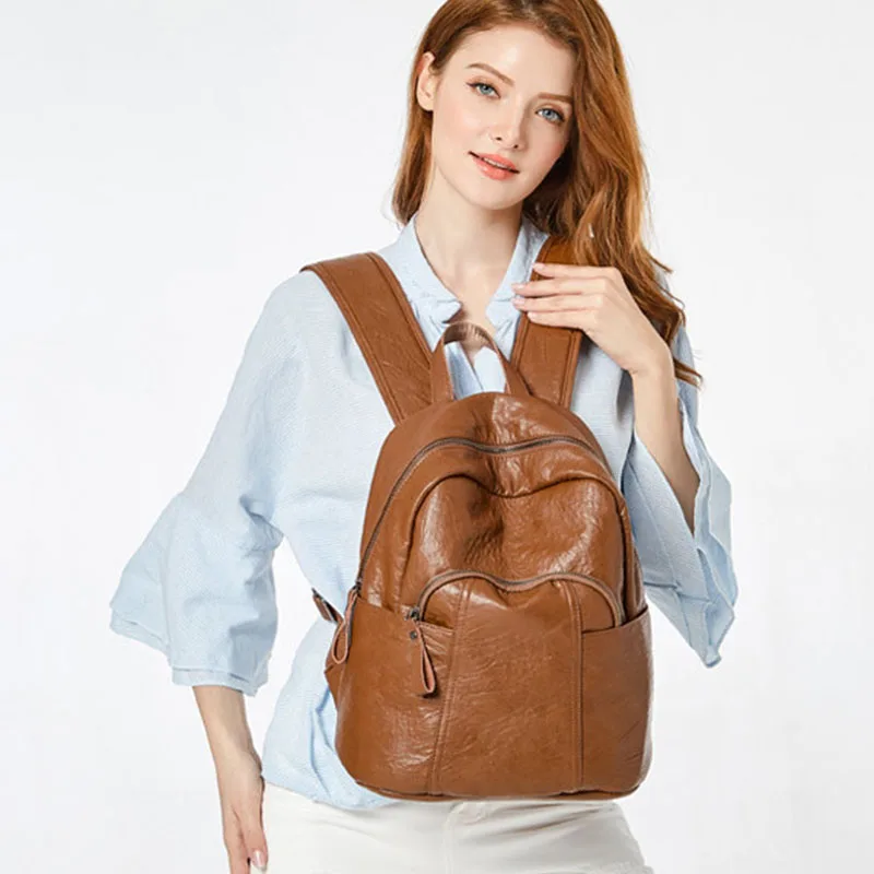 

Solid Color Backpacks Women 2019 New Soft Leather Casual Double Shoulder Travel Bag High Quality Girls School Satchel Knapsack