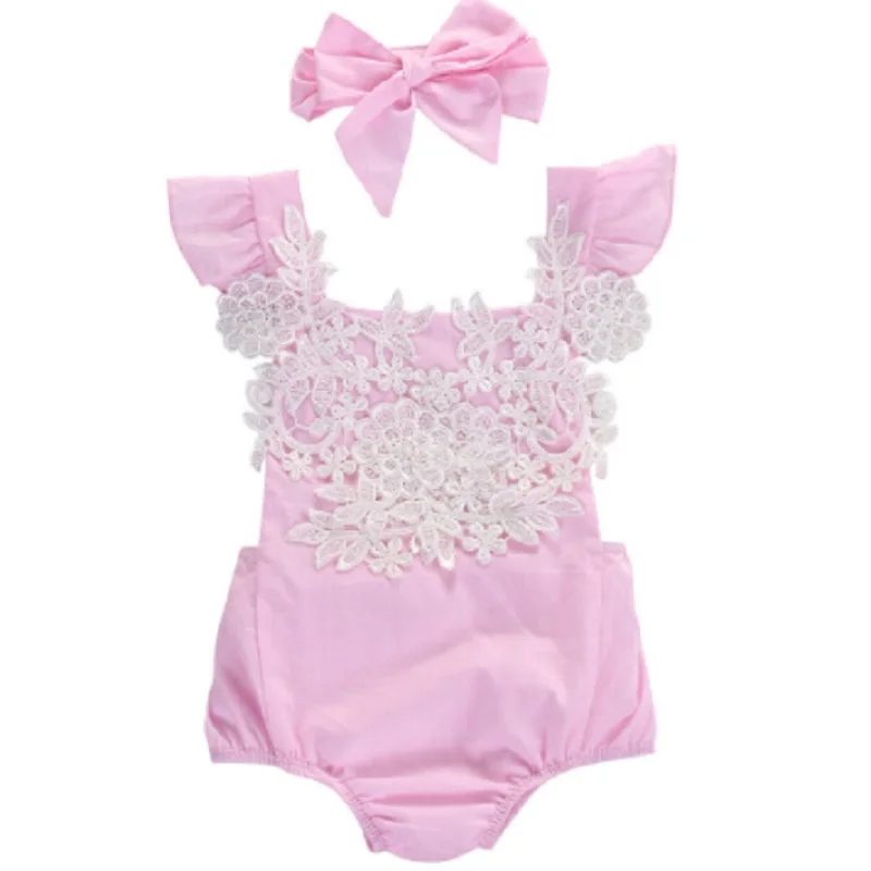 

2PCS Super Cute Pink Romper for baby girls Newborn Baby Girl Rompers Jumpsuit Lace Floral Clothes Headband Outfits Sunsuit