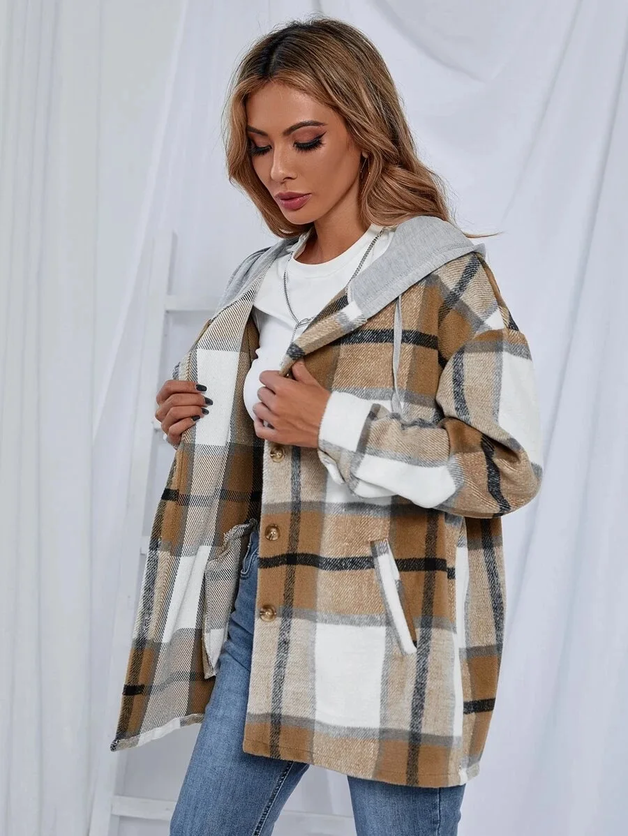 

Donsignet Women Jackets New Streetwear Woolen Plaid Coat Hooded Single Breasted Cardigan Female Autumn and Winter Jacket Women