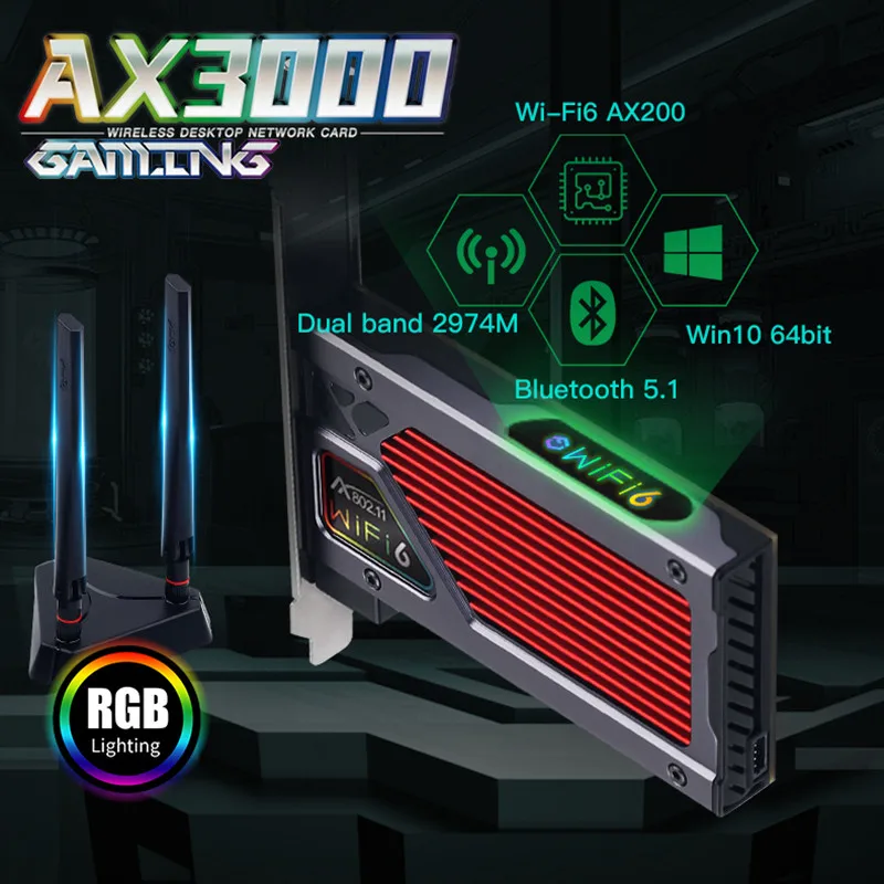 Cartão para Jogos de Computador Adaptador sem Fio Fenvi Wi-fi Pcie Wifi Desktop Bluetooth 5.1 Banda Dupla 802.11ax Mu-mimo Rgb Luz Ax3000 6