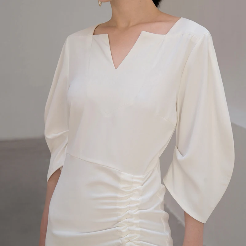 GALCAUR Drawstring Ruched женские платья три четверти рукав с высокой талией Асимметричные осенние платья Женская мода одежда
