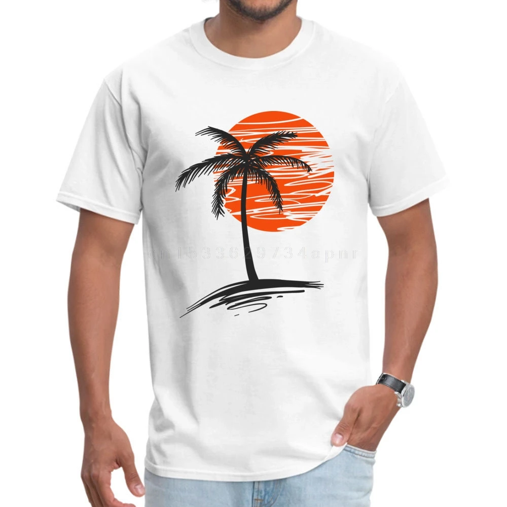 

Holiday Resort T-shirt For Male Men Cotton Tee Shirts Striped Line Art Tops Sunset Palm Tree Beach Scenery Tshirt Casual Summer