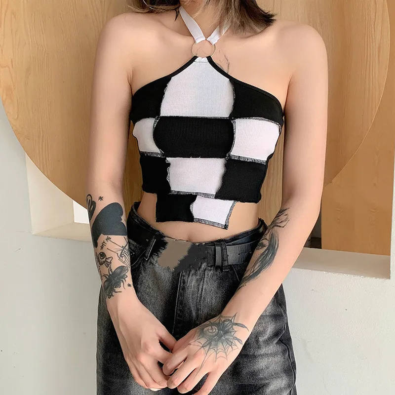 

Women Tank Top Grid Pattern Camisole Crop Tops Slim Navel Fashion Halter Neck Ultrashort Vest Commute Casual Sexy Summer 2021