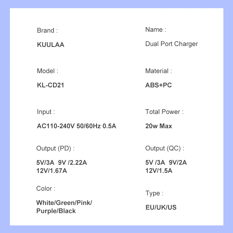 

KUULAA USB Charger Quick Charge 4.0 3.0 QC PD 20W USB Type C Fast Charging For iPhone 12 Pro Max 11 Pro Max XS 8 QC4.0 QC3.0