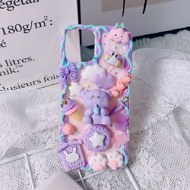 Handmade For iPhone 12/11 pro max case 3D Caroon Bear iP 6/7/8plus Kawaii phone shell iP 12 Mini DIY creamy cover XS XR SE 2020