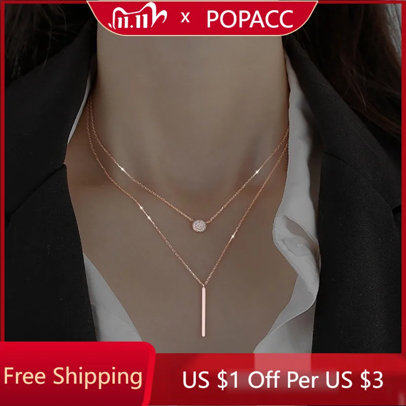 

Silver Double Layer Necklace Round Shiny Full Zircon Long Pendant Necklaces Gift for Girl Fine Accessories