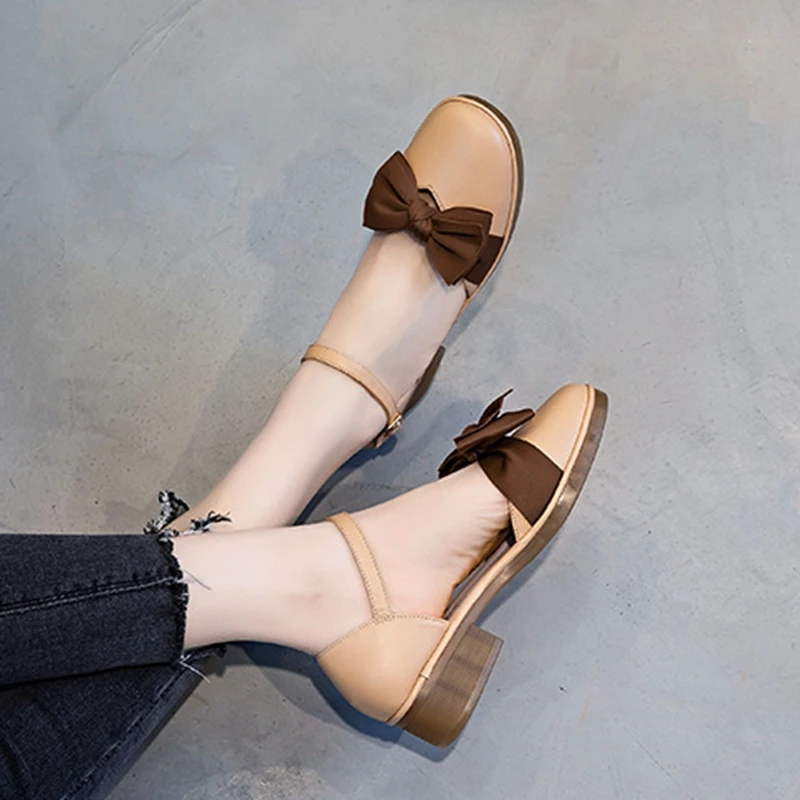 

Baotou Sandals Women's Spring and Summer 2021 New Bow Casual Leather Women's Shoes With Thick Heels and thick Soles