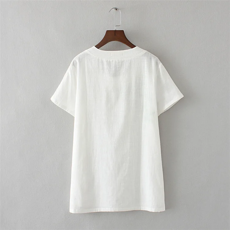 Размера плюс с цветочной вышивкой из хлопка и льна свободные женские футболки 2020