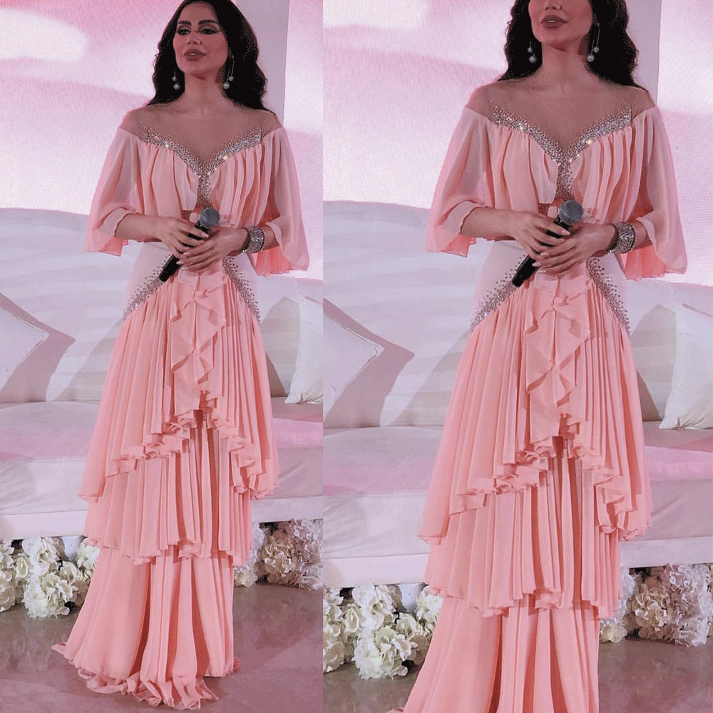 

SuperKimJo Vestidos De Festa Dubai Muslim Prom Dresses Long Pink Beaded Chiffon Tiered Prom Gown Robe De Soiree
