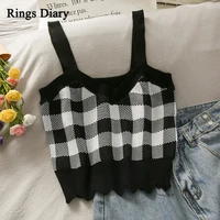 rings diary women knitting strappy crop tops check pattern scallop edge casual plaid camisole elegant going out tops for women