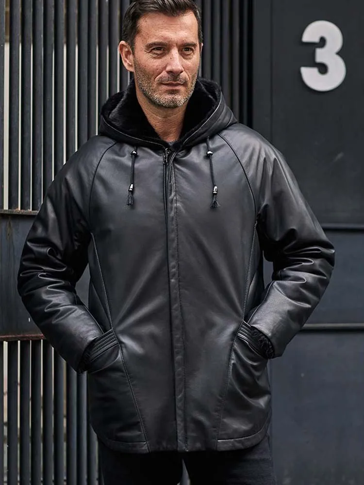 

Imported Cowhide Jacket Mens Double-Sided Mink Coat Black Leather Overcoat Warm Fur Parkas