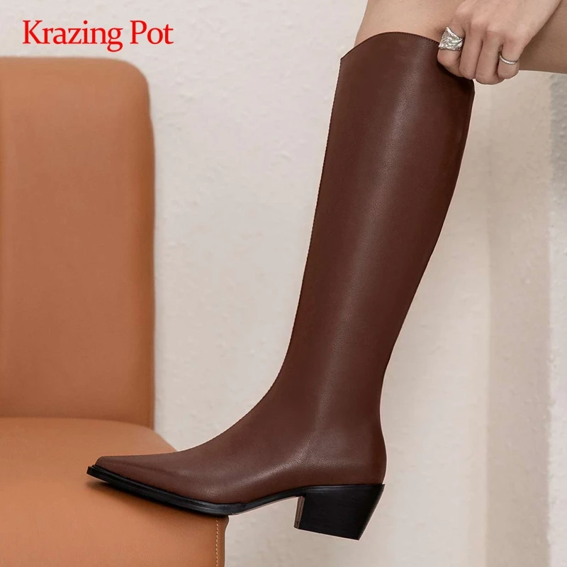 

Сапоги Krazing pot для верховой езды, сапоги из натуральной кожи европейского дизайна на толстом высоком каблуке, с острым носком, на молнии, сапо...