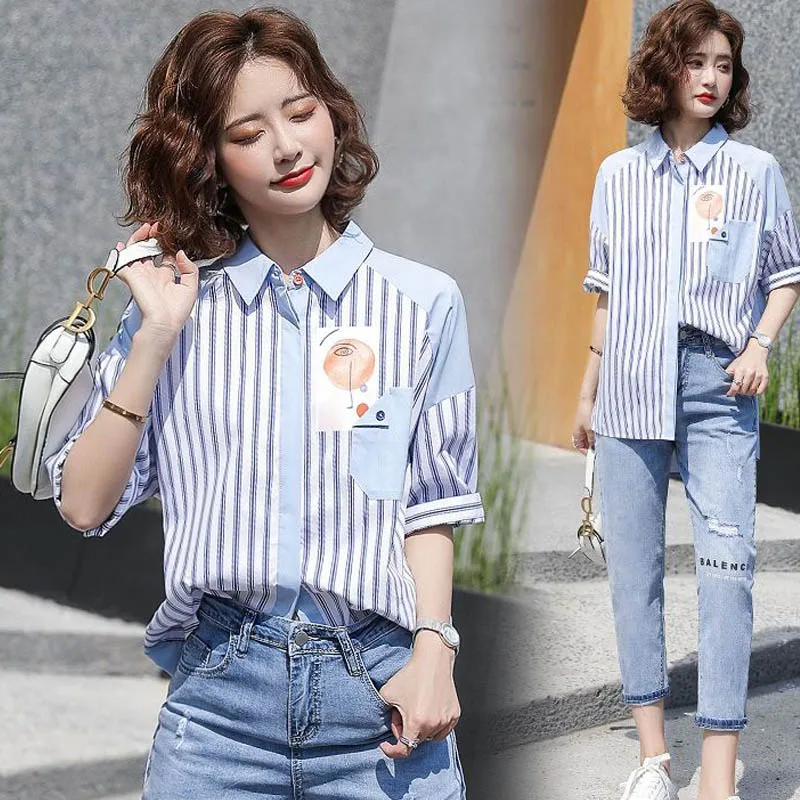 

COIGARSAM Casual Short Sleeve Shirt Womens tops New Summer Cotton Linen Striped Loose Women shirts Light Blue 31711