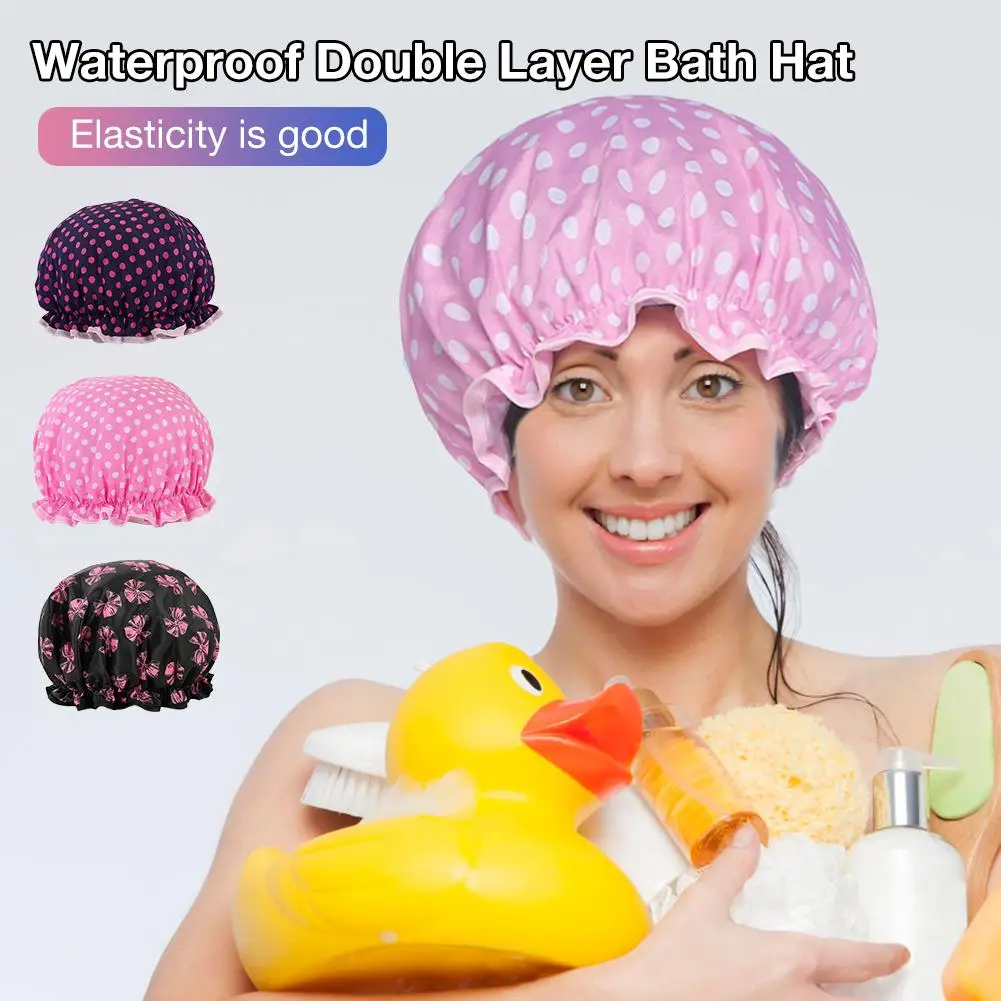 

1Pcs Bath Hat Waterproof Shower Hair Cover Thick Shower Caps Dot Flower Print Bathroom Women Supplies Elastic Band Cap Hair Care