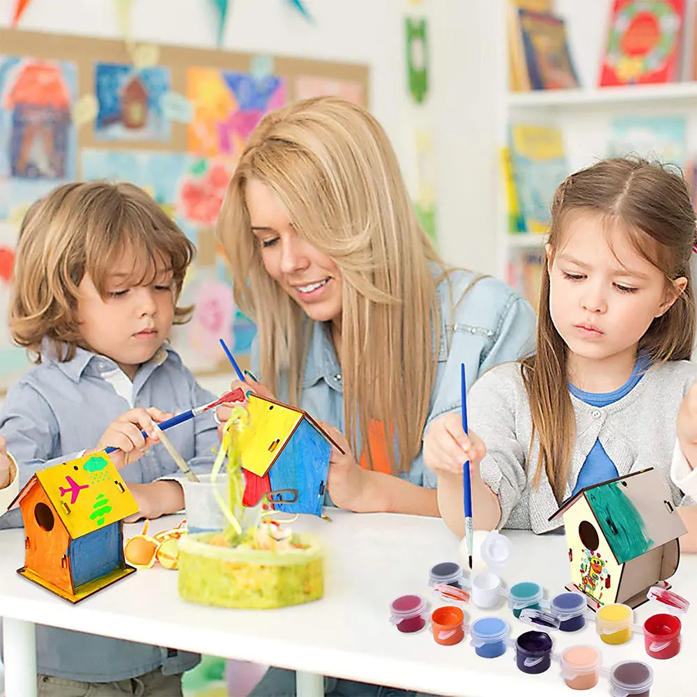 

DIY Mini Wooden Bird House Kit Painting Brush Colorful Pigment Toys for Children Educational Best Collection Crafts Kids Birthda