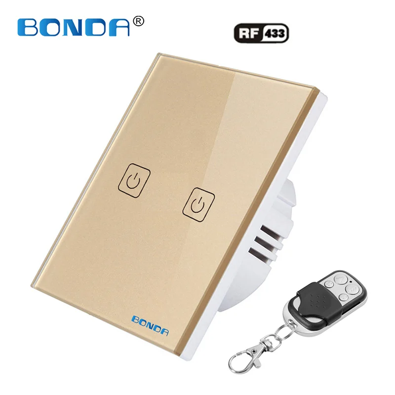 

BONDA EU standard remote control touch switch crystal glass panel light switch 1Gang 1Way black light display wall switch AC220V