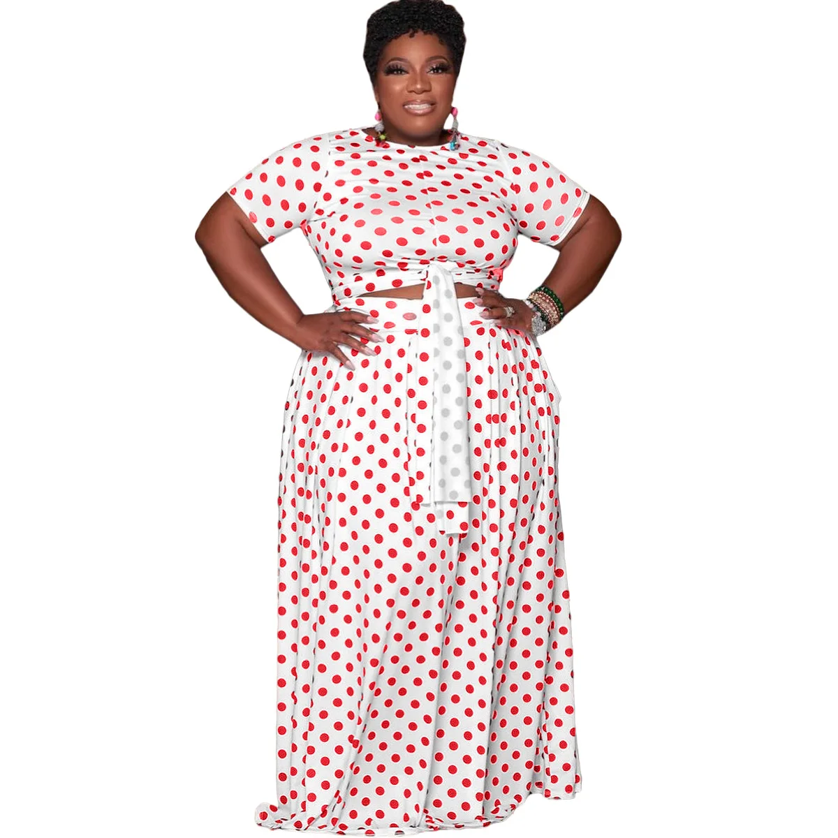 

Plus Size Two Piece Women's Clothes Custom Sexy Umbilical Exposed Personality Bandage Fashion Wave Dot Printing Loose Skirt Suit