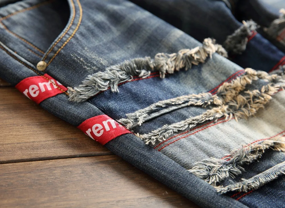 Мужские зимние теплые рваные джинсы брюки с флисовой подкладкой разрушенная